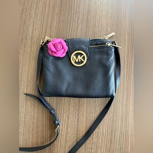 Michael Kors Black Leather Crossbody Bag with Pink Flower Charm